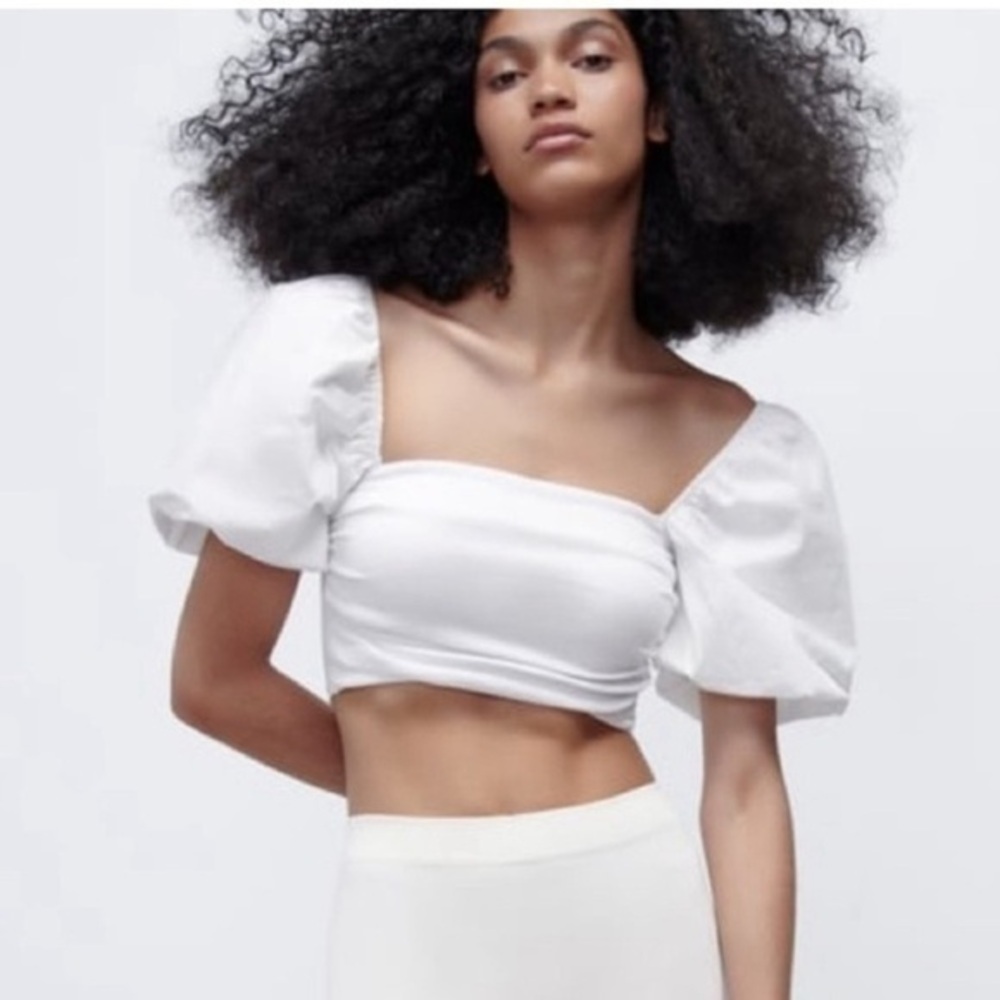 NWT Zara cropped top puff sleeves  stretchy bodice On or off shoulder - Picture 3 of 14